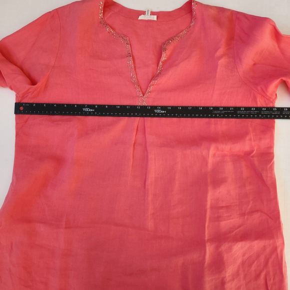 Eileen Fisher Woman Coral Pink 100% Irish Linen Sequin Split Neck Tunic Top 1X - Picture 5 of 8